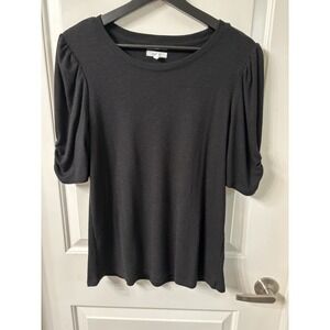 Black Ribbed Sz L Scrunched Sleeve Round Neck Knit Casual Women's Tunic Top